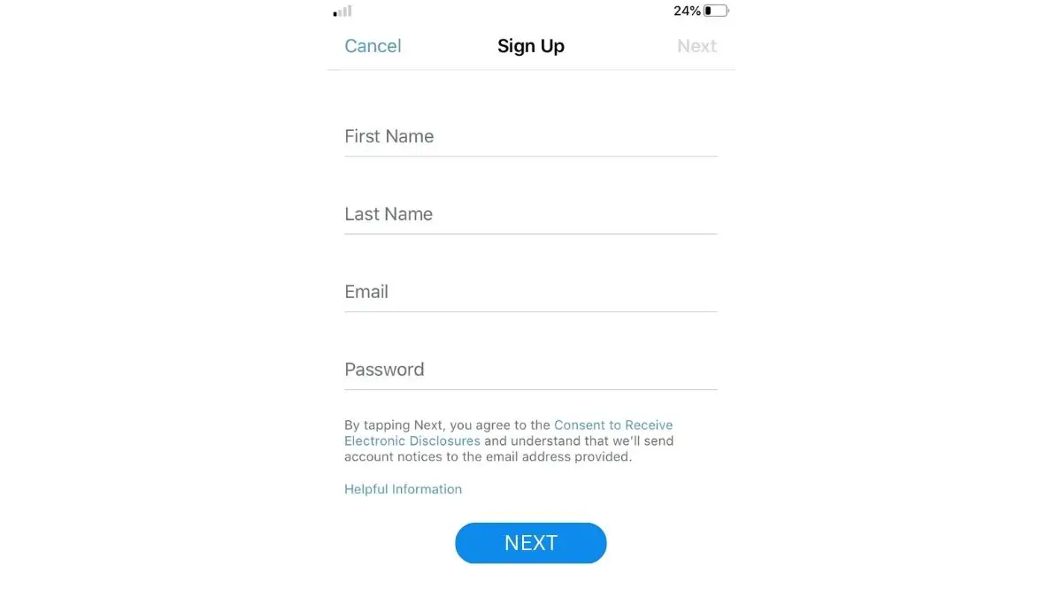Venmo Sign Up Page Screenshot  from Venmo App